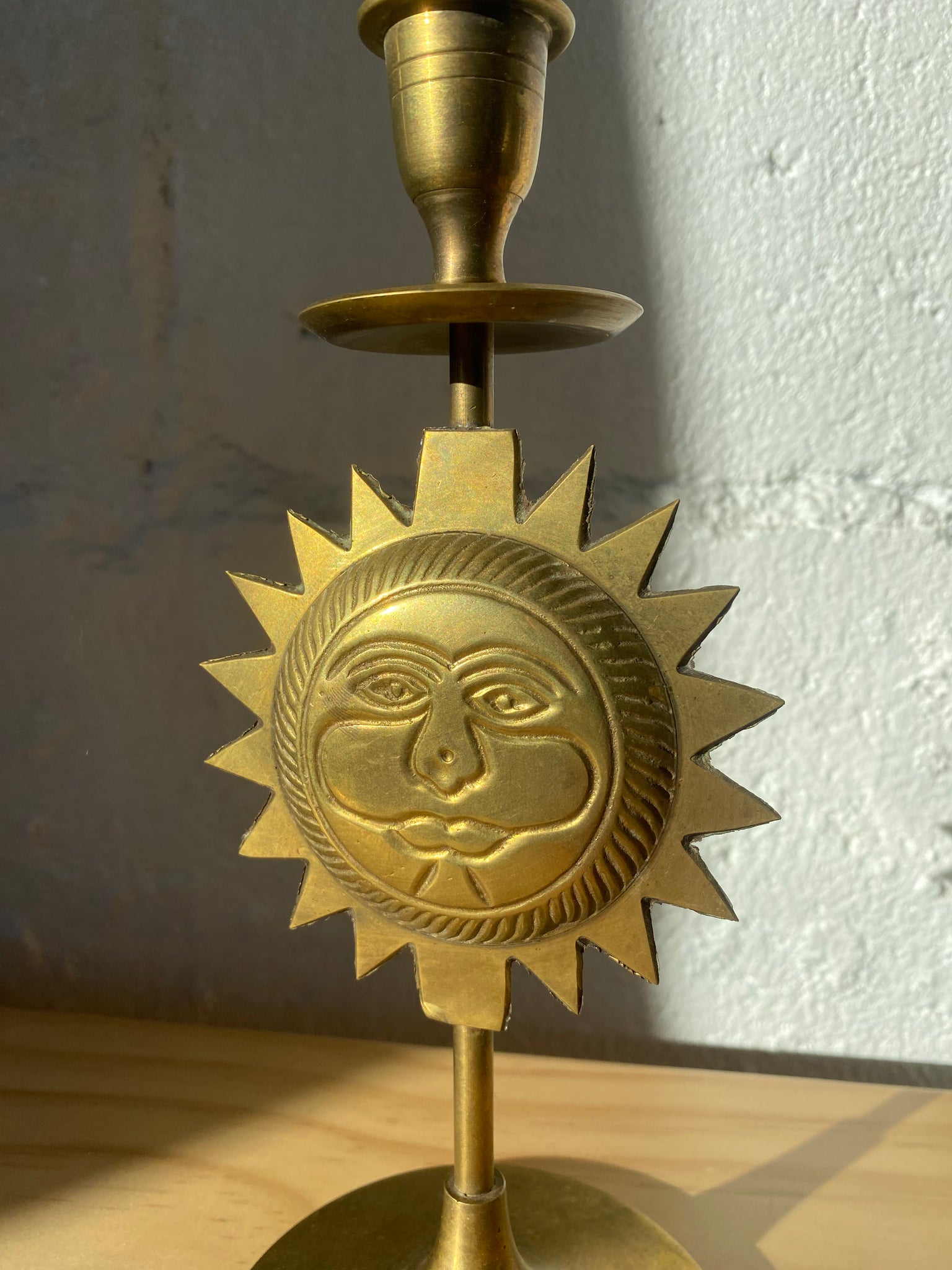 Vintage Brass Sun Face Candlestick Holder
