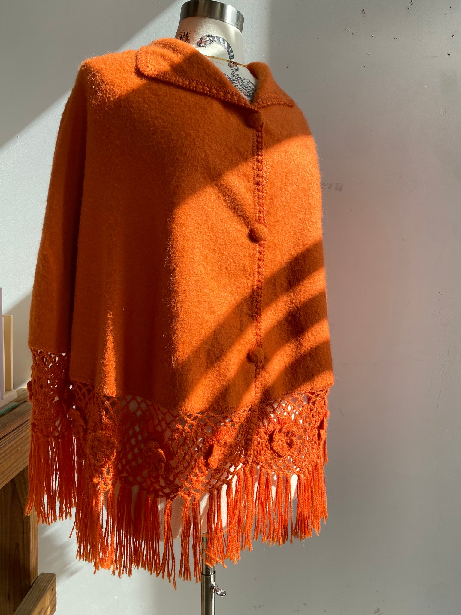 60s Orange Cape with Crochet Accents