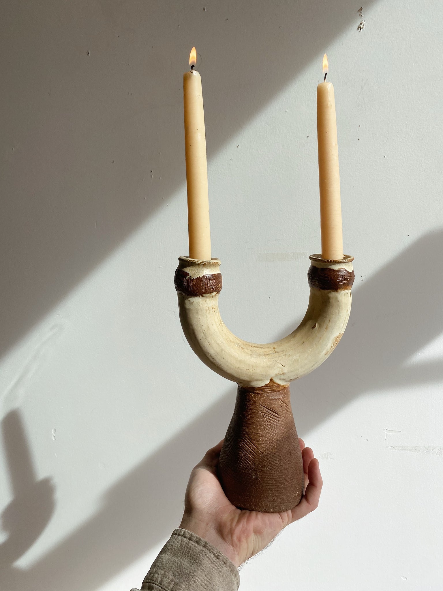 VTG Handmade Stoneware Duo Candlestick Holder