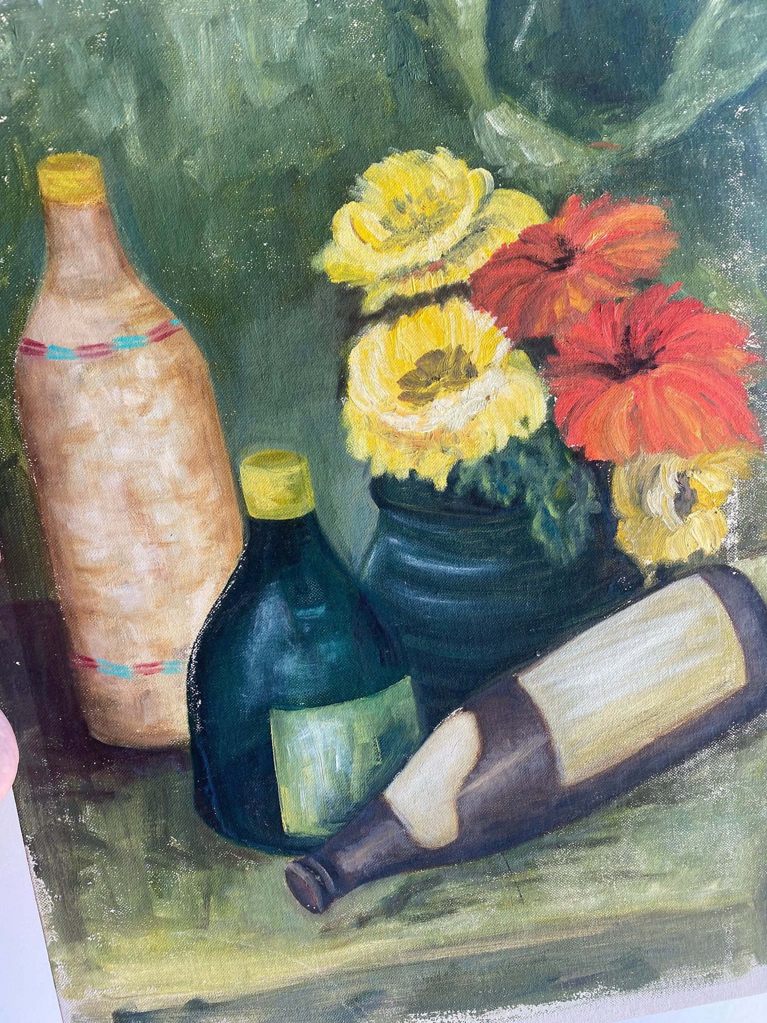 Zinnias and Bottles Still Life Painting